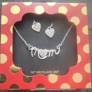 MOM Silver Heart Necklace and Earring Set